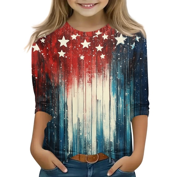 YOUYEDIAN Girls 3/4 Sleeve Shirts 8-9 Floral Graphic Top Crewneck T-Shirt Casual Outfits Navy 8-9 Years