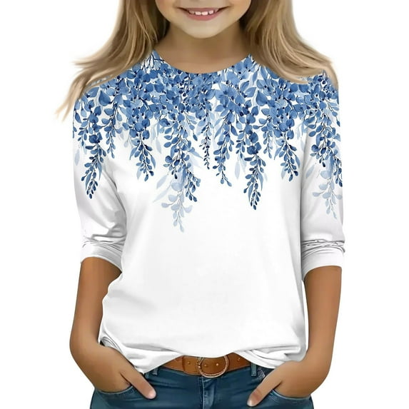 YOUYEDIAN Girls 3/4 Sleeve Tops Kids Spring Summer Crew Neck Shirts Toddler Casual Lightweight Cute Blouses Clothes (Light Blue, 8-9 Years)