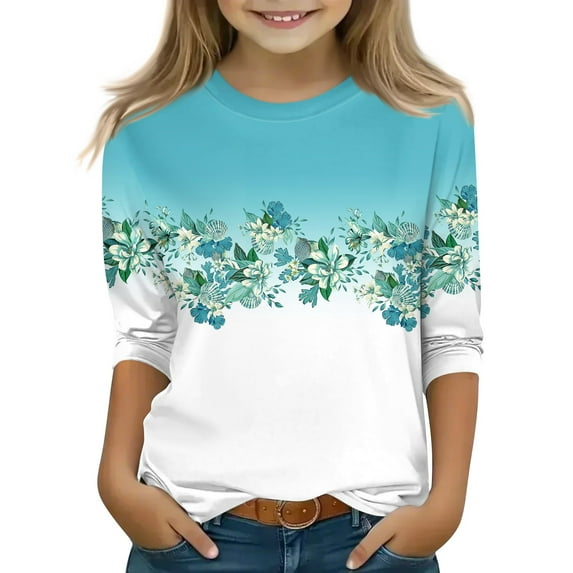 YOUYEDIAN Girls 3/4 Sleeve Tops Kids Spring Summer Crew Neck Shirts Toddler Casual Lightweight Cute Blouses Clothes (Sky Blue, 8-9 Years)