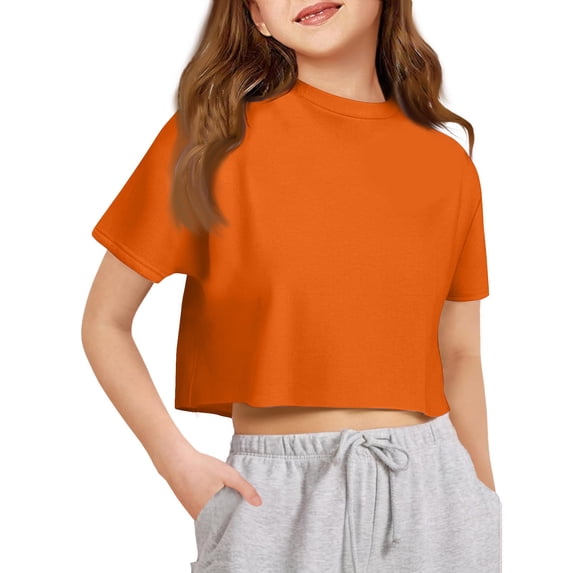 YOUYEDIAN Girls Athletic Oversized Crop Tops Kids Drop Shoulder Short Sleeve T Shirts Workout Tees (Orange, 6-7 Years)