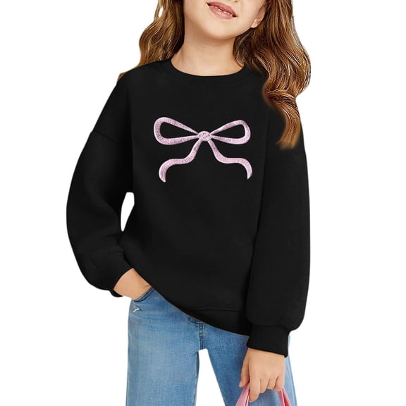 YOUYEDIAN Girls Bow Print Sweatshirts Long Sleeve Sweatshirts Fashion Drawstring Pullover Lightweight Clothes Black 9-10 Years