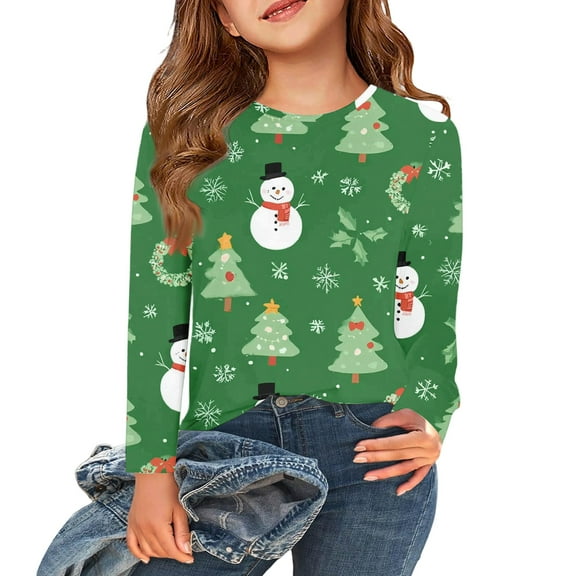 YOUYEDIAN Girls Boys Christmas Shirt Long Length Sleeve Top Casual Crew Neck Blouse Fall Winter Soft Tee Green 6-7 Years