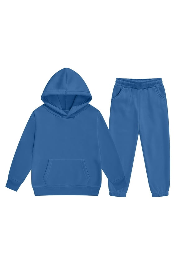 Girls Boys Sweatsuit Kids Tracksuit Solid Color 2 Piece Sweat Suits Long Sleeve Sweat Set Plain Hooded Hoodie and Sweatpant Toddler Kids Outfits Blue 8-9 Years