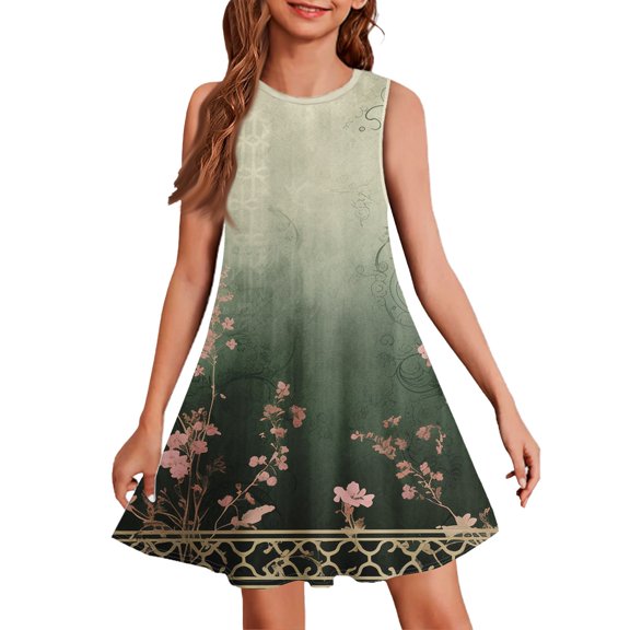 YOUYEDIAN Girls Dress 2025 Summer Casual Sleeveless Sun Dresses Floral Graphic Green Crew Neck Dress Flowy Midi Dress,Green 13-14 Years