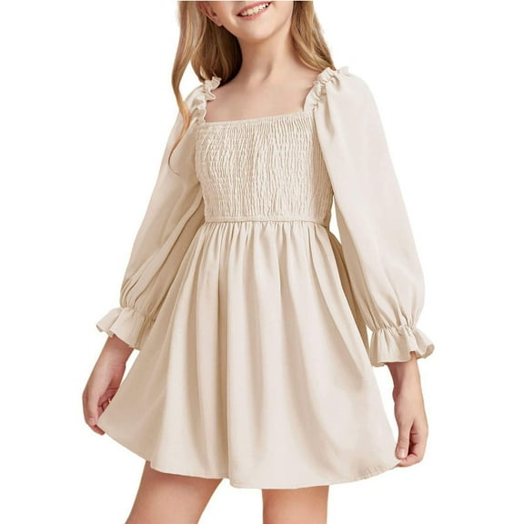 YOUYEDIAN Girls Dress 2025 Summer Fashion Ruffle Puff Sleeve Short Dresses Elegant Square Neck a Line Dress High Waist Plain Dress,Beige 18-24 Months