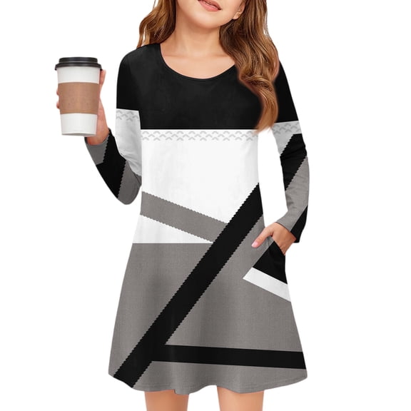 YOUYEDIAN Girls Dresses Long Sleeve Winter Dress Trendy Crew Neck Wedding Guest Dresses With Pockets Dark Gray 6-7 Years