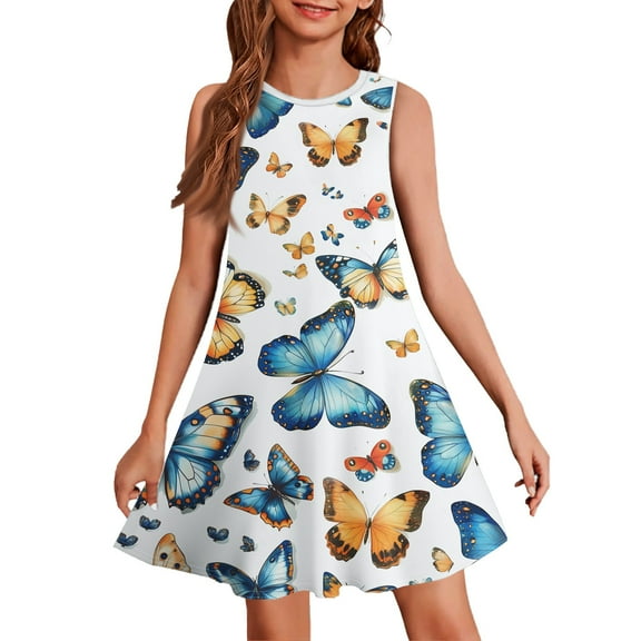 YOUYEDIAN Girls Dresses Size 10-12 Crew Neck Sleeveless Sundresses 2025 Summer Cute Butterfly Graphic Dress Flowy Blue Midi Dress,Blue 13-14 Years