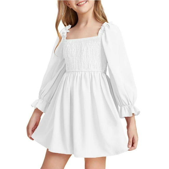 YOUYEDIAN Girls Dresses Size 10-12 Elegant Plain Square Neck Dresses 2025 Summer Ruffle Puff Sleeve Short Dress Fashion High Waist a Line Dresses,White 5-6 Years