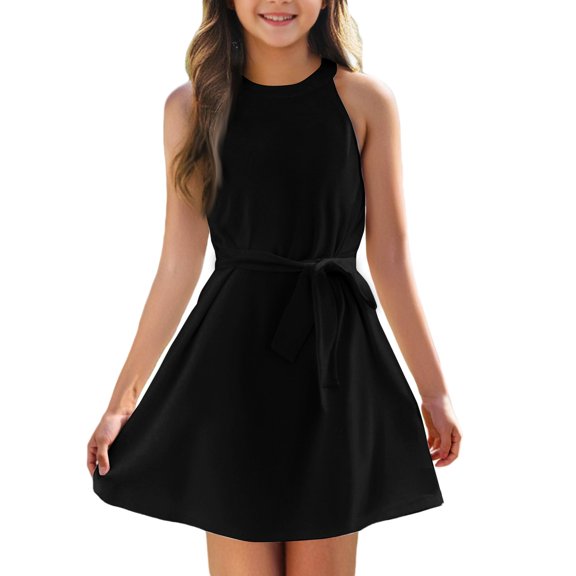 YOUYEDIAN Girls Dresses Size 10-12 Sleeveless Halter Neck Sun Dress 2025 Summer Casual Black Dress Vintage Tied Waist A-Line Dress,Black 13-14 Years