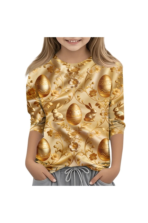 Girls Easter 3/4 Length Sleeve Shirt Kids Casual Cute Bunny Eggs Print Tops Funny Crewneck Shirts (Rose Gold, 13-14 Years)