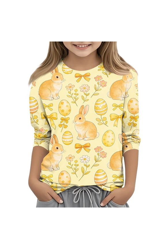 Girls Easter 3/4 Length Sleeve Shirt Kids Fashion Cute Bunny Eggs Print Tops Funny Crew Neck Shirt (Beige, 6-7 Years)