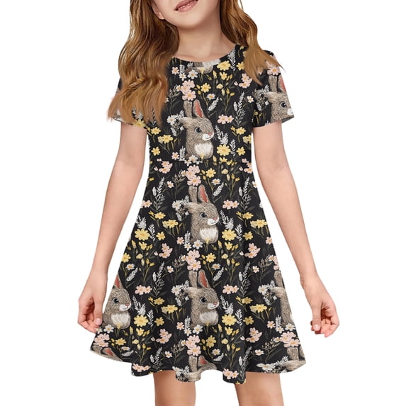 YOUYEDIAN Girls Easter Dress Kids Festival Cute Bunny Print A-Line Dresses Teen Casual Short Sleeve Crew Neck Sundress with Pockets (Brown, 13-14 Years)