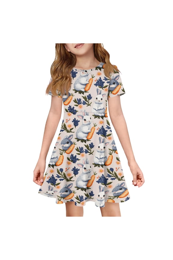 Girls Easter Dress Kids Festival Cute Bunny Print A-Line Dresses Teen Casual Short Sleeve Crew Neck Sundress with Pockets (Complexion, 13-14 Years)