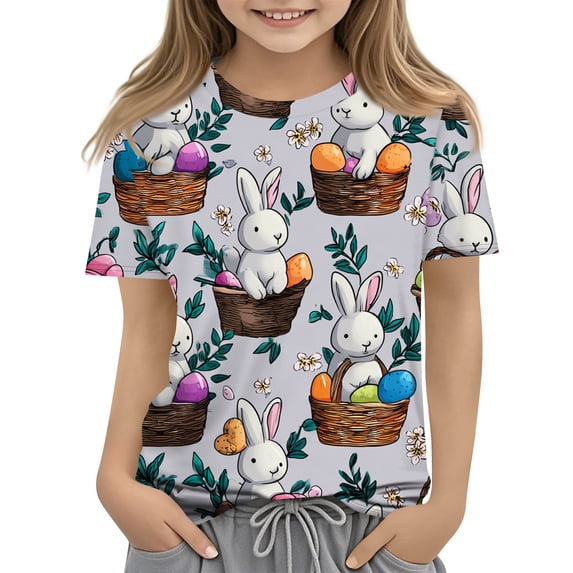 YOUYEDIAN Girls Easter T Shirts Cute Bunny Graphic Tees Festival Funny Short Sleeve Tops 2026 Cotton T-Shirt Outfits (Blue, 13-14 Years)