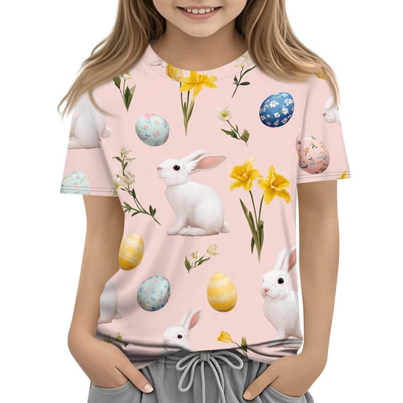YOUYEDIAN Girls Easter T Shirts Cute Bunny Graphic Tees Festival Funny Short Sleeve Tops 2026 Cotton T-Shirt Outfits (Yellow, 11-12 Years)