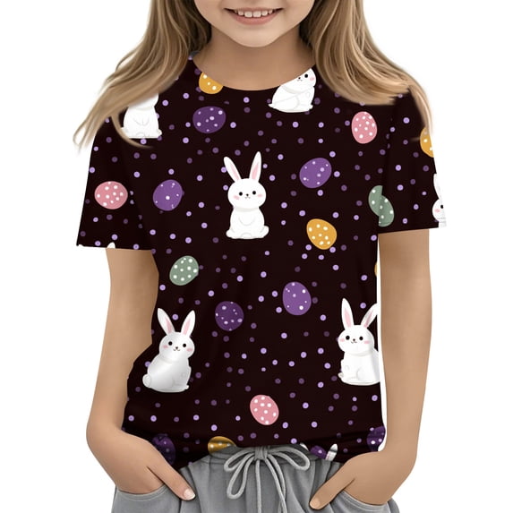 YOUYEDIAN Girls Easter T Shirts Kids 2026 Festival Cute Bunny Graphic Short Sleeve Shirts Holiday Casual Funny Cotton Outfits (Dark Purple, 13-14 Years)
