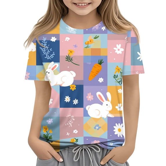 YOUYEDIAN Girls Easter T Shirts Kids 2026 Festival Cute Bunny Graphic Short Sleeve Shirts Holiday Casual Funny Cotton Outfits (White, 3-4 Years)