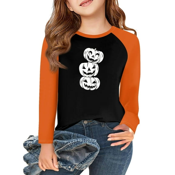 YOUYEDIAN Girls Halloween Shirt 3/4 Length Sleeve Tops Funny Pumpkin Bat Spider Print Blouse Soft Halloween Clothes Dark Gray 9-10 Years