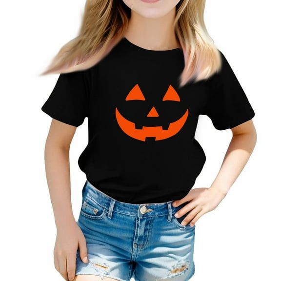 YOUYEDIAN Girls Halloween Tops Novelty Pumpkin Spider Witch Print T-Shirt Short Sleeve Round Neck Blouse Black 3-4 Years