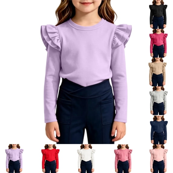 YOUYEDIAN Girls Long Sleeve Shirt Toddler Soft Comfy Crewneck Tops with Ruffle Trim