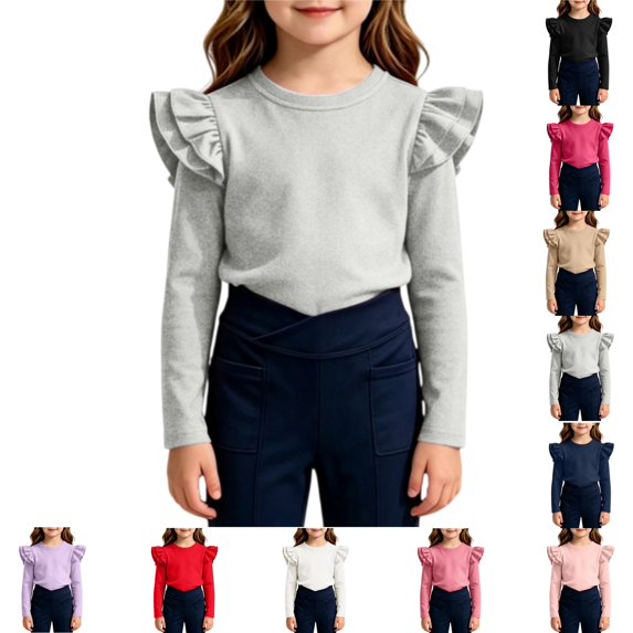 YOUYEDIAN Girls Long Sleeve Shirt Toddler Soft Comfy Crewneck Tops with Ruffle Trim