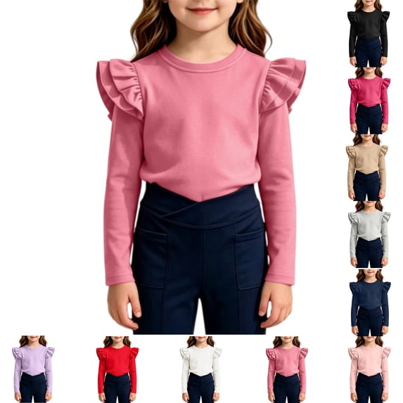 YOUYEDIAN Girls Long Sleeve Shirt Toddler Soft Comfy Crewneck Tops with Ruffle Trim