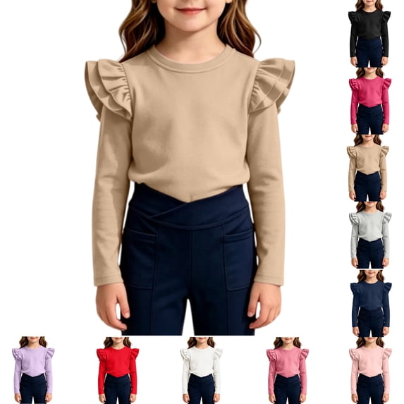YOUYEDIAN Girls Long Sleeve Shirt Toddler Soft Comfy Crewneck Tops with Ruffle Trim