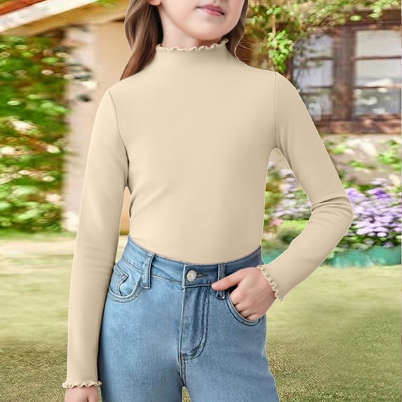 YOUYEDIAN Girls Long Sleeve Shirt with Lettuce Trim, Mock Neck Ribbed Knit Top for Kids, Soft Stretch Slim Fit Beige 6-7 Years