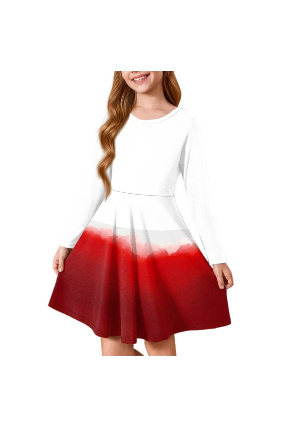Girls Long Sleeve T-Shirt Dresses Kids Fall Striped Plaid Gradient Print A-Line Twirly Skater Dresses (Red, 9-10 Years)