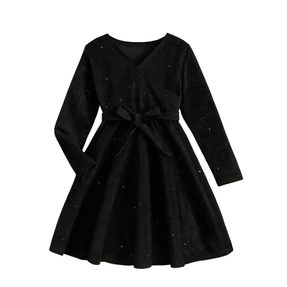 YOUYEDIAN Girls Long Sleeve Velvet Dress Casual A Line Ruffle Twirly Skater Dresses Black 8-9 Years