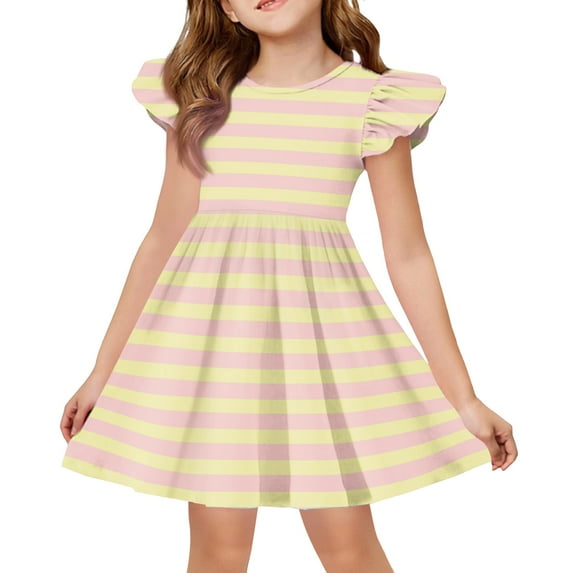 YOUYEDIAN Girls Midi Dress Toddler Summer Flutter Sleeve A Line Dresses Casual Print Crewneck Princess Dress (Beige, 9-10 Years)
