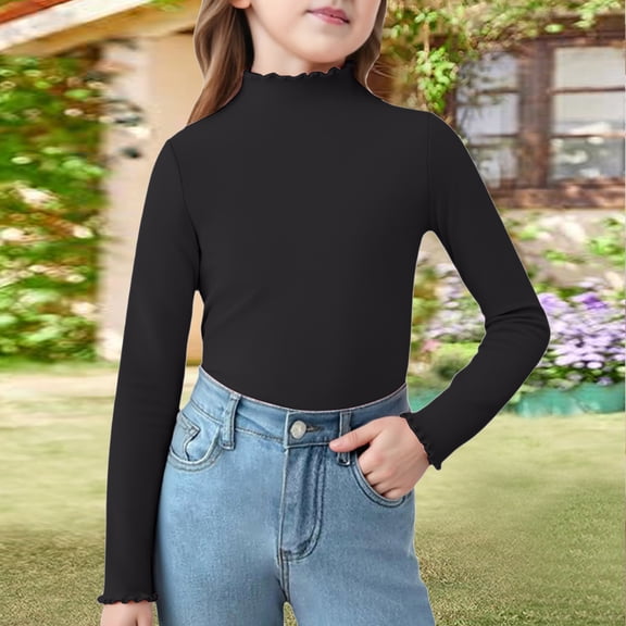 YOUYEDIAN Girls Mock Neck Long Sleeve Tee, Ribbed Knit Shirt with Lettuce Trim, Cute Y2K Style Top Black 9-10 Years