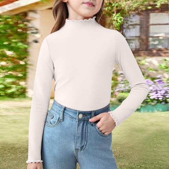 YOUYEDIAN Girls Mock Neck Long Sleeve Tee, Ribbed Knit Shirt with Lettuce Trim, Cute Y2K Style Top White 6-7 Years