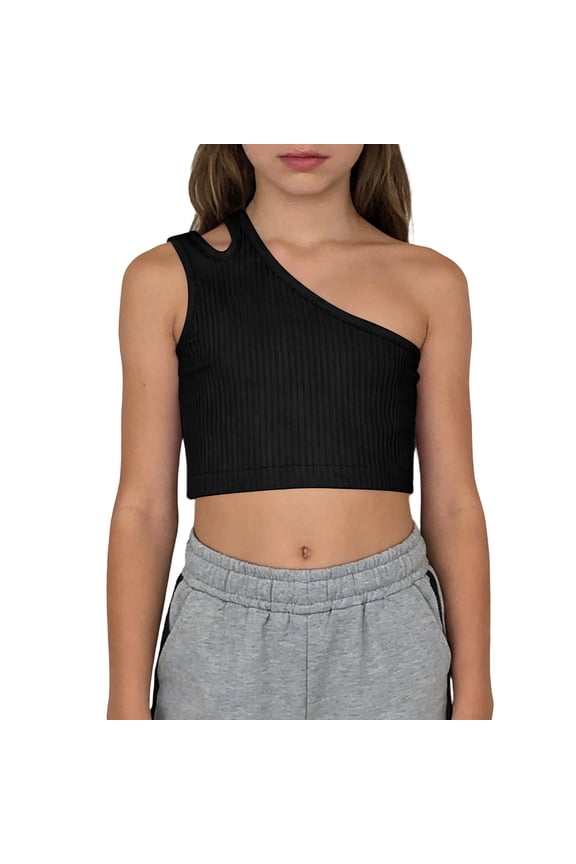 Girls One Shoulder Crop Top Solid Color Ribbed Knit Sleeveless Dance Tops (Black, 2-3 Years)