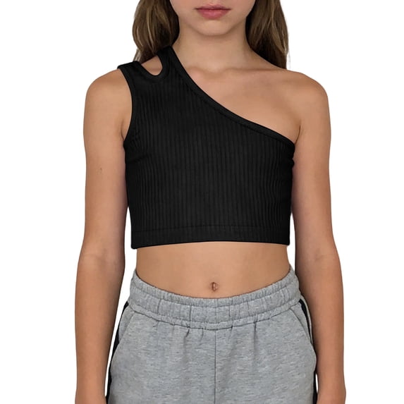 YOUYEDIAN Girls One Shoulder Crop Top Solid Color Ribbed Knit Sleeveless Dance Tops (Black, 6-7 Years)