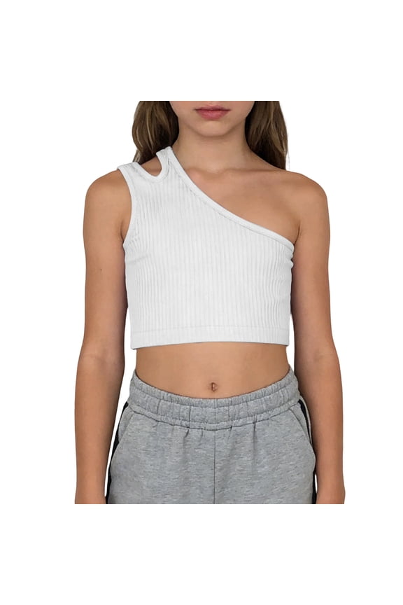 Girls One Shoulder Crop Top Solid Color Ribbed Knit Sleeveless Dance Tops (White, 4-5 Years)