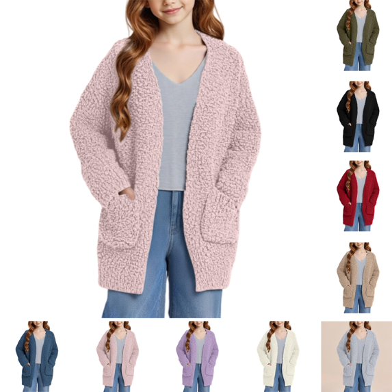 YOUYEDIAN Girls Plush Cardigan Warm Casual Long Sleeve Coat Fashion Versatile Sweater Outerwear