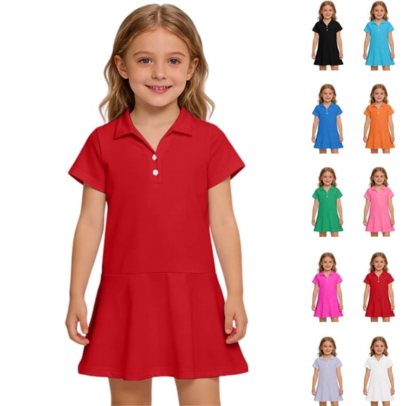 YOUYEDIAN Girls Polo Shirt Dress Size 6-7 Kids Summer Casual Short Sleeve School Uniform Toddler Golf Collared Outfits Athletic T Shirt Dress (Red)
