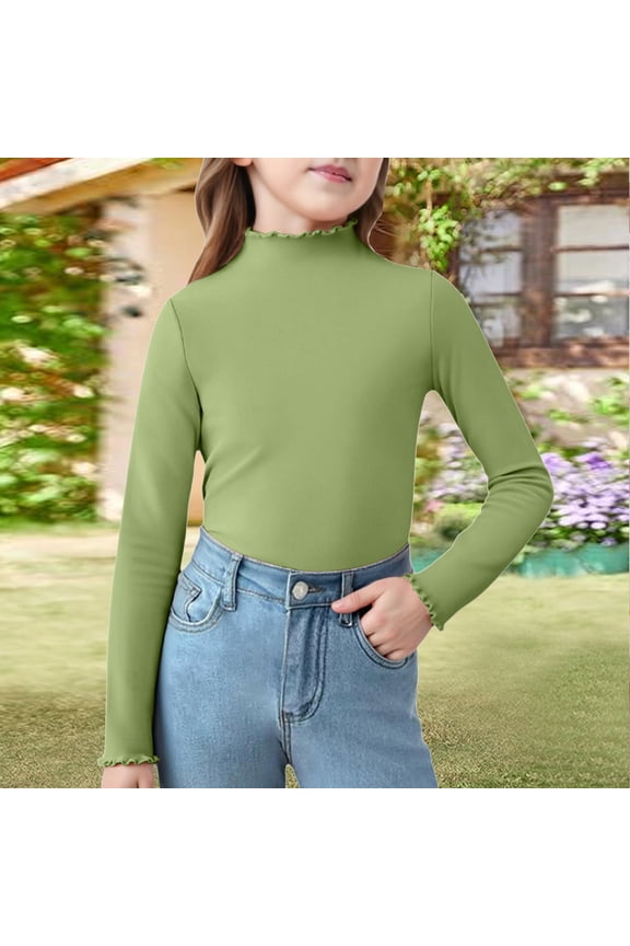 Girls Ribbed Mock Neck Top, Long Sleeve Shirt with Lettuce Trim, Soft Knit Slim Fit Base Layer Green 4-5 Years