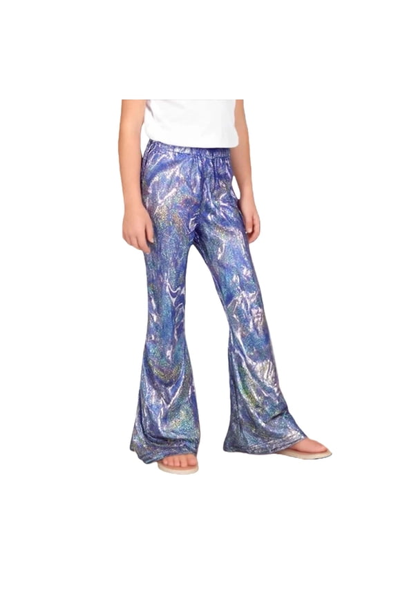 Girls Sequin Bell Bottom Pants Elastic Waist Stretchy Flare Dance Yoga Leggings Kids Trendy Performance Trousers (Blue, 9-10 Years)