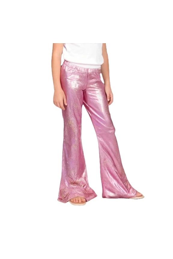 Girls Sequin Bell Bottom Pants Elastic Waist Stretchy Flare Dance Yoga Leggings Kids Trendy Performance Trousers (Silver, 9-10 Years)