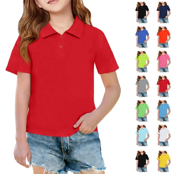YOUYEDIAN Girls Short Sleeve Polo Shirt Kids Collared Button Down School Uniform T Shirt Casual Golf Athletic Tops (Red, 9-10 Years)