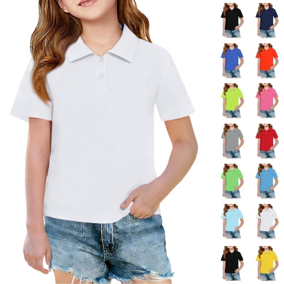YOUYEDIAN Girls Short Sleeve Polo Shirt Kids Collared Button Down School Uniform T Shirt Casual Golf Athletic Tops (White, 6-7 Years)