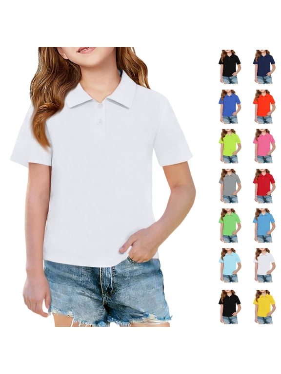 Girls Short Sleeve Polo Shirt Kids Collared Button Down School Uniform T Shirt Casual Golf Athletic Tops