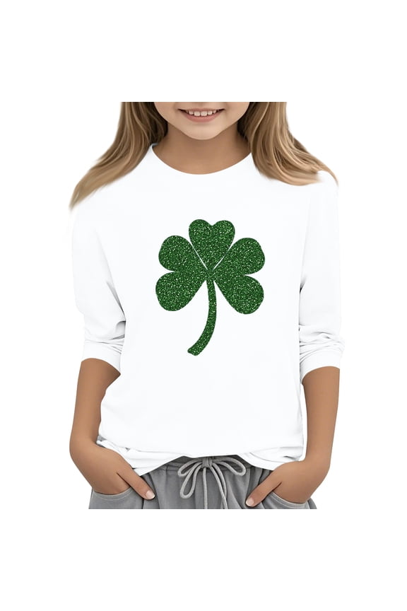 Girls St. Patrick's Day 3/4 Sleeve Shirts Holiday Casual Cute Funny Irish Shamrock Clover Print T Shirts Festival Comfy Soft Tops (Blue, 4-5 Years)