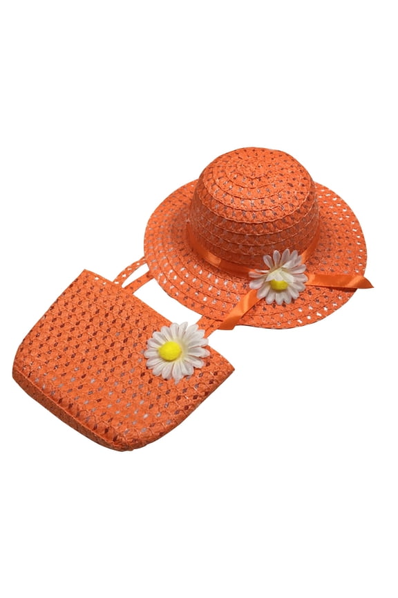 Girls Straw Sun Hat and Purse Kids Tea Party Birthday Travel Gift (Orange, One Size)