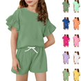 thumbnail image 1 of YOUYEDIAN Girls Summer 2 Piece Outfits Ruffle Sleeve T-Shirts and Shorts Sets Solid Color Tracksuits for Kids (Army Green, 9-10 Years), 1 of 4