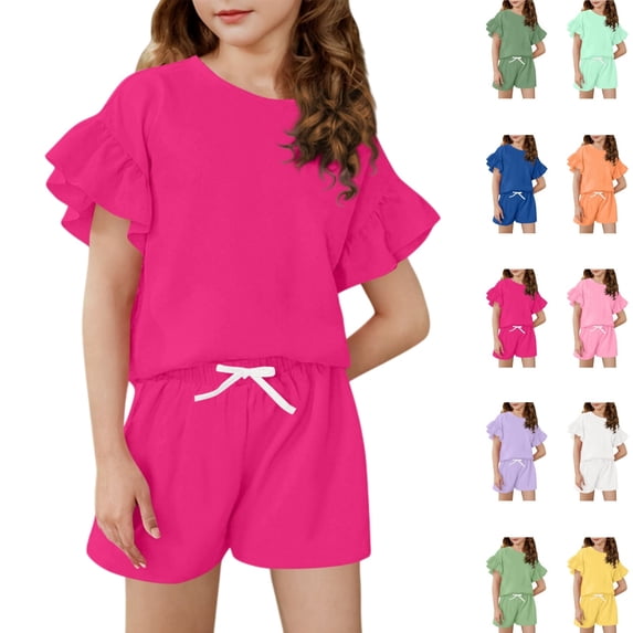 YOUYEDIAN Girls Summer 2 Piece Outfits Ruffle Sleeve T-Shirts and Shorts Sets Solid Color Tracksuits for Kids (Hot Pink, 6-7 Years)