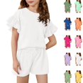 thumbnail image 1 of YOUYEDIAN Girls Summer 2 Piece Outfits Ruffle Sleeve T-Shirts and Shorts Sets Solid Color Tracksuits for Kids (White, 9-10 Years), 1 of 4