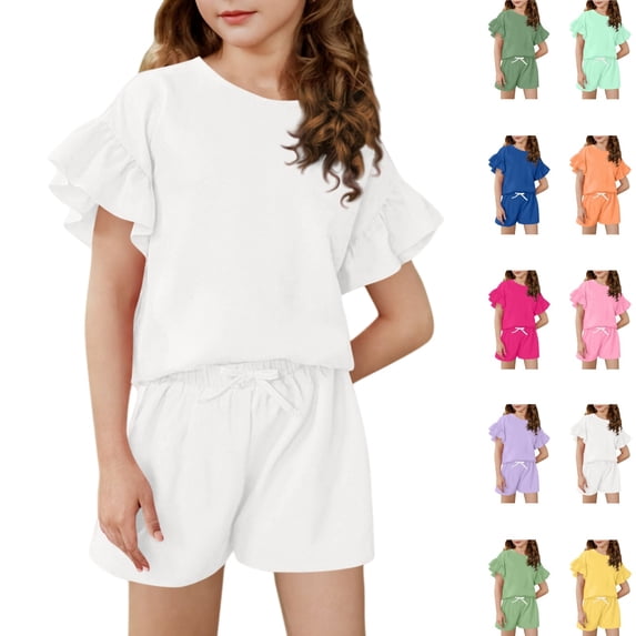 YOUYEDIAN Girls Summer 2 Piece Outfits Ruffle Sleeve T-Shirts and Shorts Sets Solid Color Tracksuits for Kids (White, 9-10 Years)